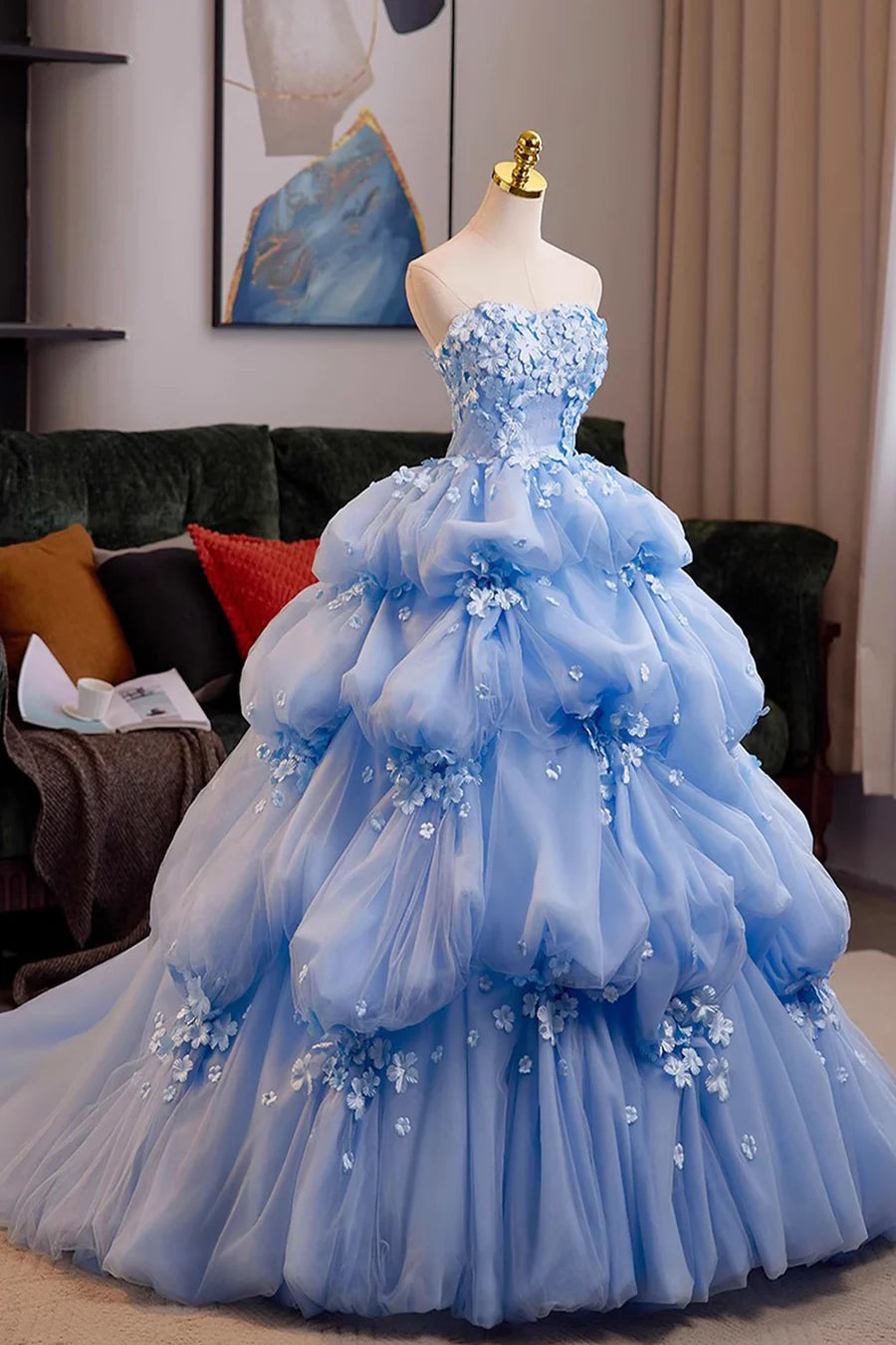 Blue Tulle Flowers Strapless Multi layered A-line Long Prom Dress Evening Party Dress