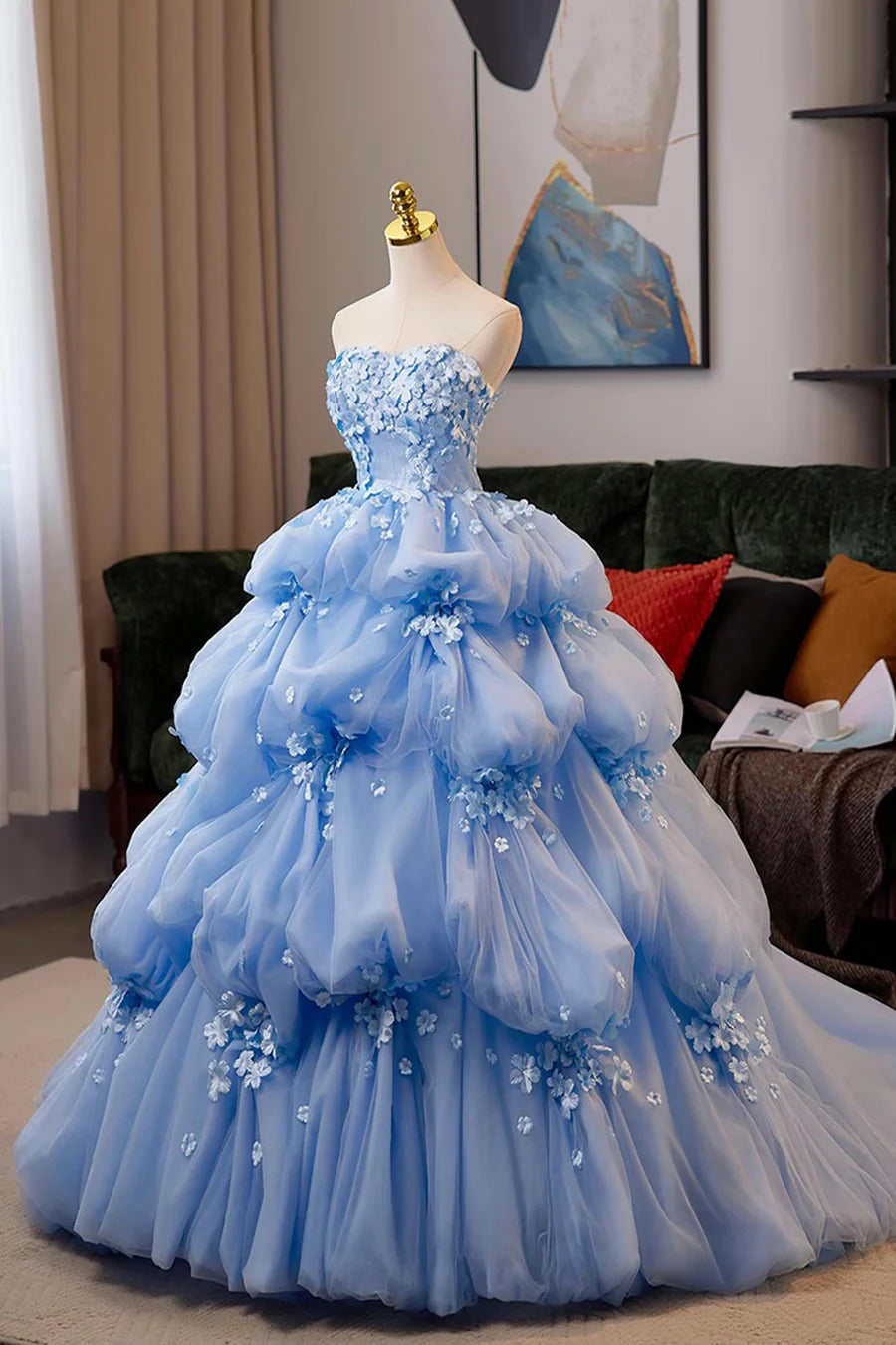 Blue Tulle Flowers Strapless Multi layered A-line Long Prom Dress Evening Party Dress