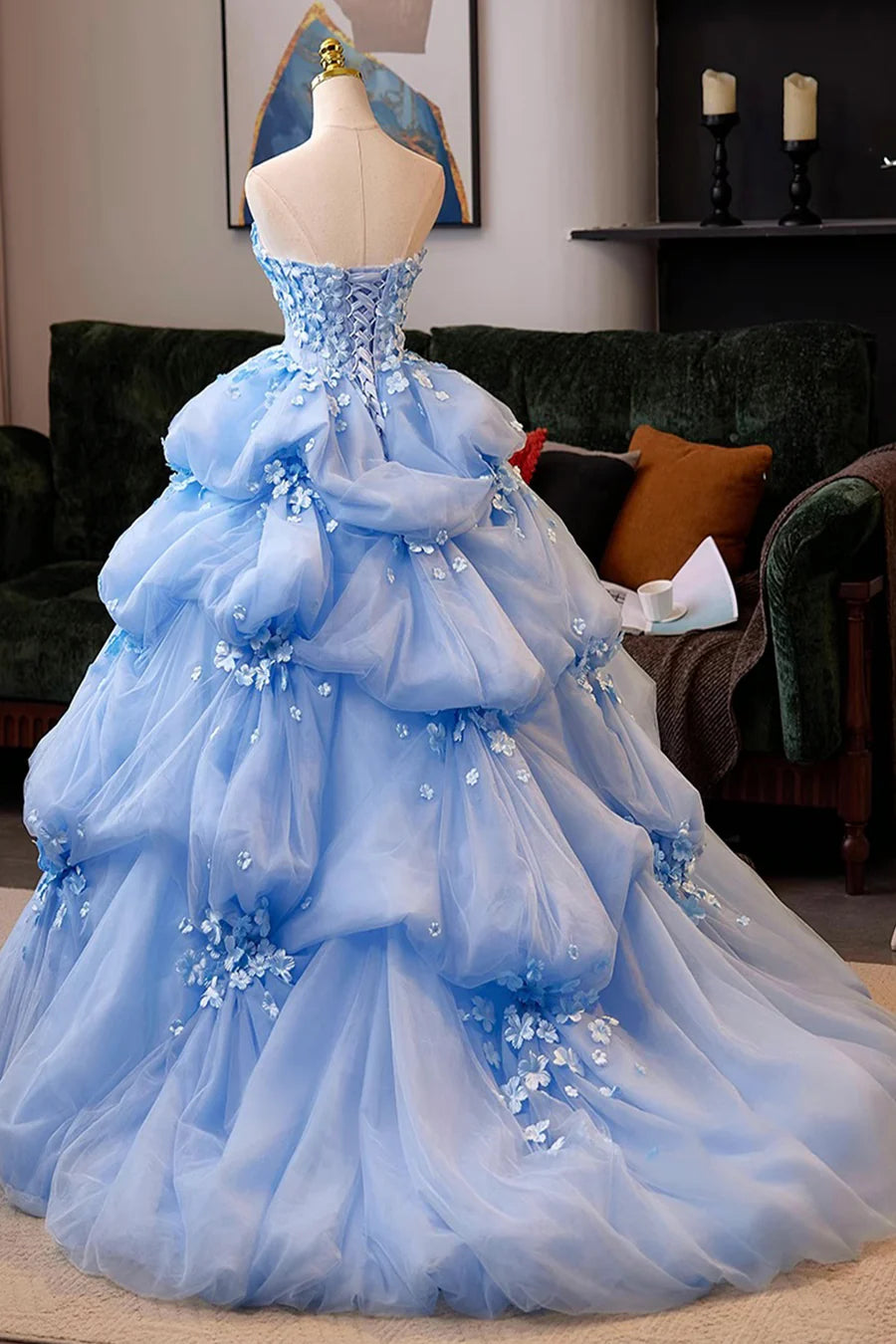 Blue Tulle Flowers Strapless Multi layered A-line Long Prom Dress Evening Party Dress