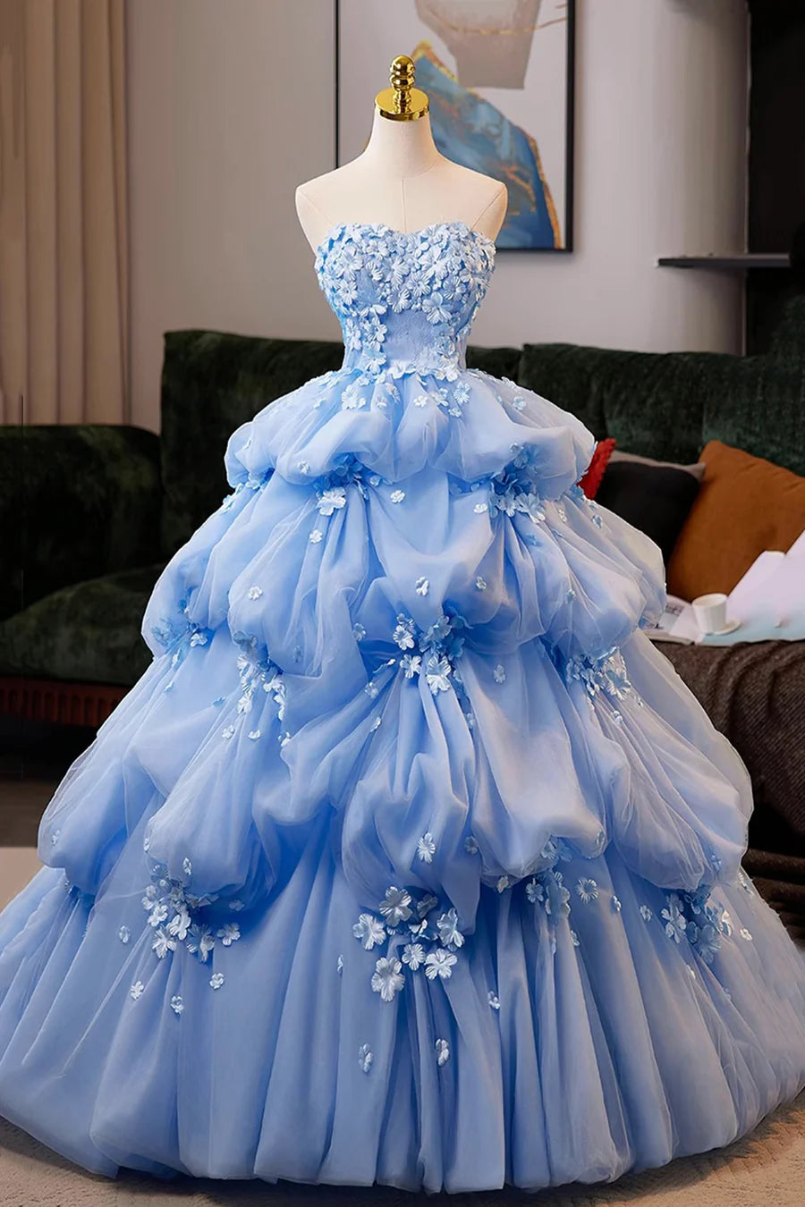 Blue Tulle Flowers Strapless Multi layered A-line Long Prom Dress Evening Party Dress