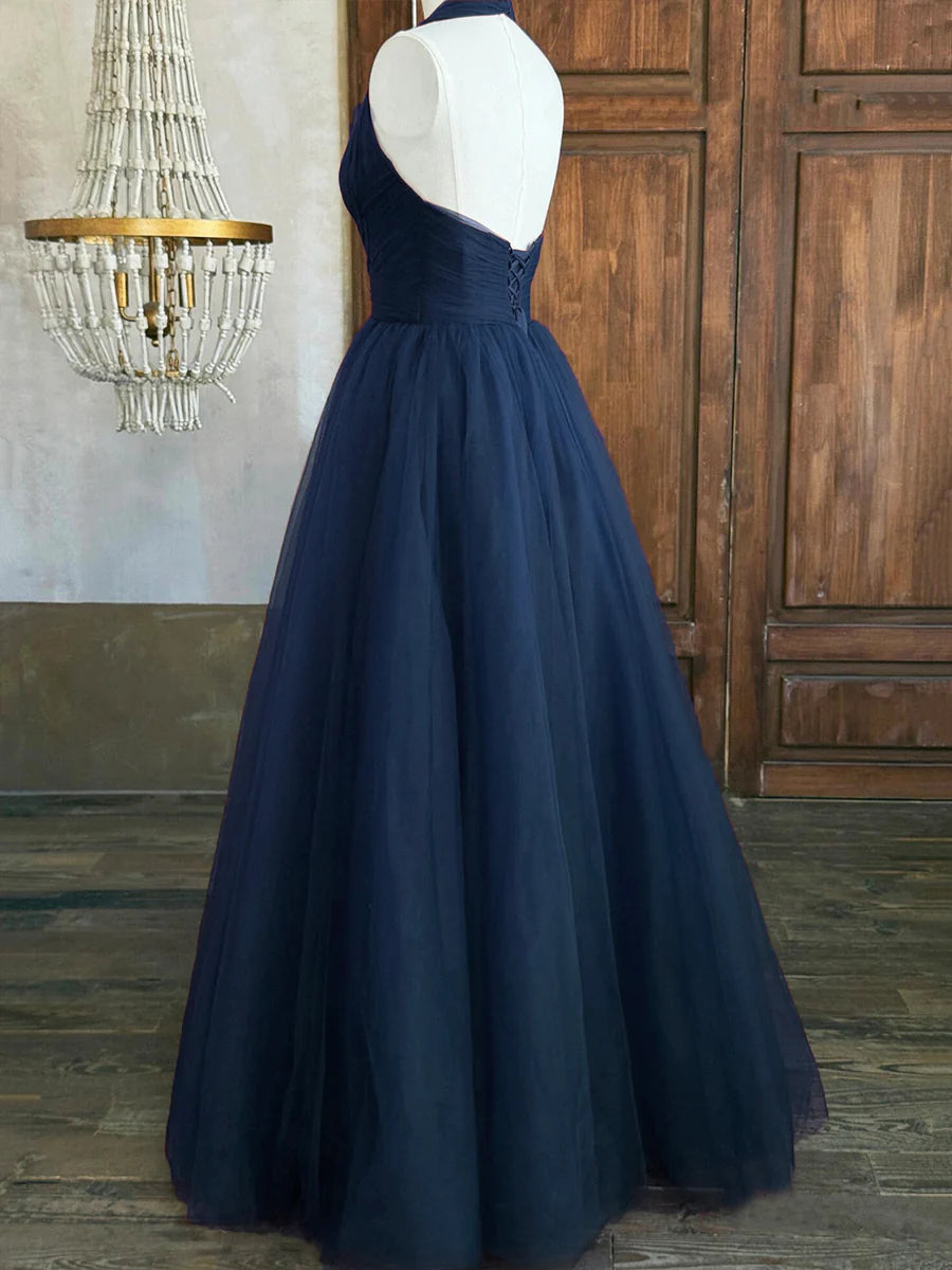 Blue Tulle Halter V-Neck Long Prom Dress Elegant Backless Evening Party Dress With Beaded