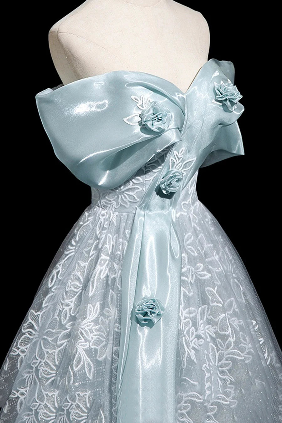 Blue Tulle Lace Flowers Ribbon Off the Shoulder Long Prom Dress Evening Party Dress