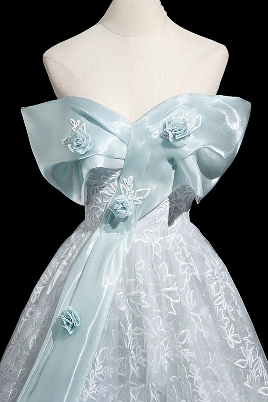 Blue Tulle Lace Flowers Ribbon Off the Shoulder Long Prom Dress Evening Party Dress