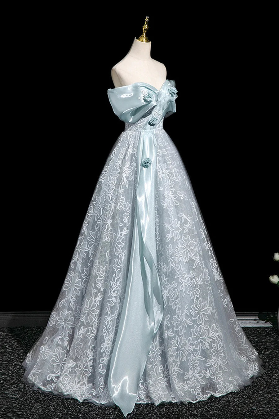 Blue Tulle Lace Flowers Ribbon Off the Shoulder Long Prom Dress Evening Party Dress