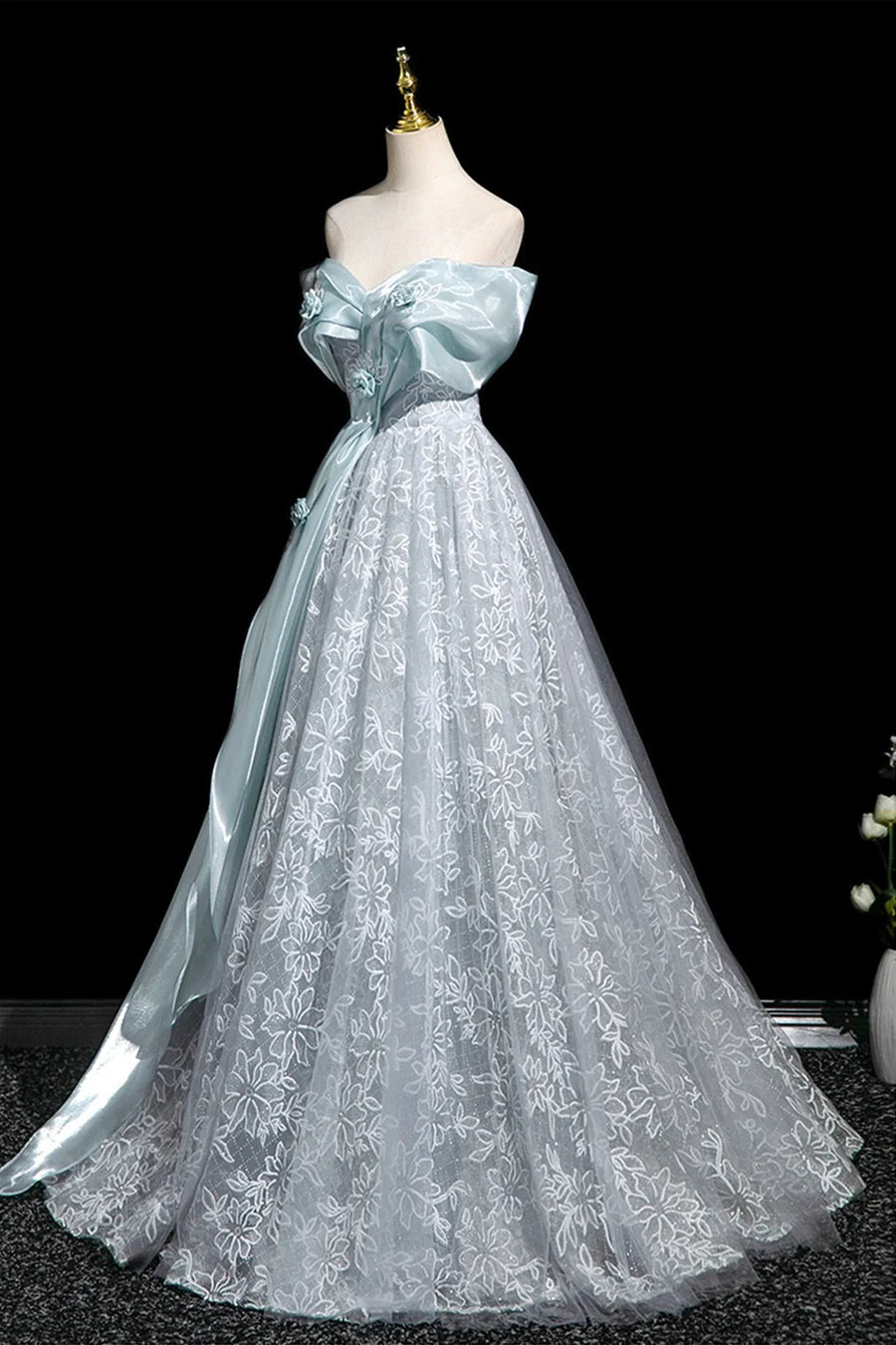 Blue Tulle Lace Flowers Ribbon Off the Shoulder Long Prom Dress Evening Party Dress