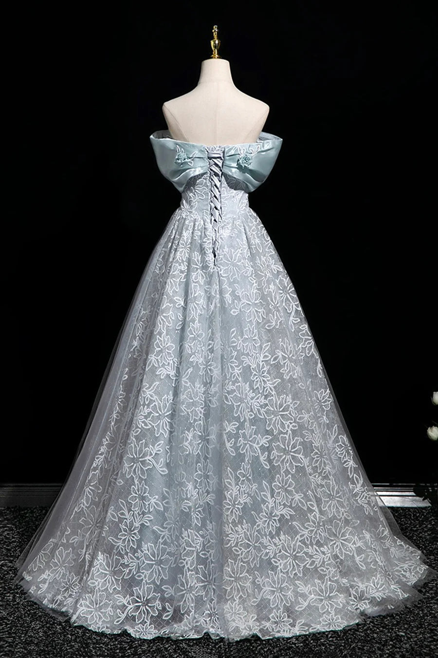 Blue Tulle Lace Flowers Ribbon Off the Shoulder Long Prom Dress Evening Party Dress