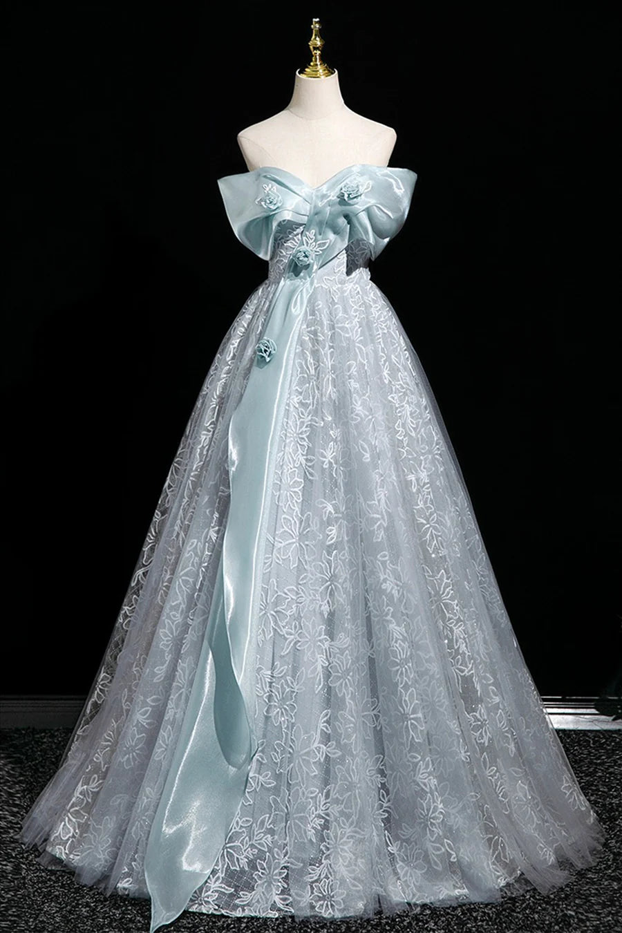 Blue Tulle Lace Flowers Ribbon Off the Shoulder Long Prom Dress Evening Party Dress
