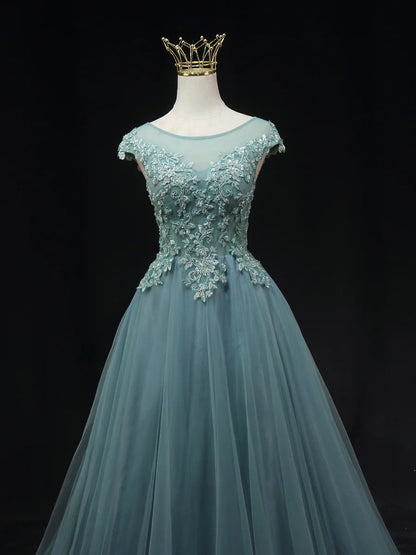 Blue Tulle Lace Scoop Neck Long Prom Dress Beautiful Lace Formal Evening Dress With Applique