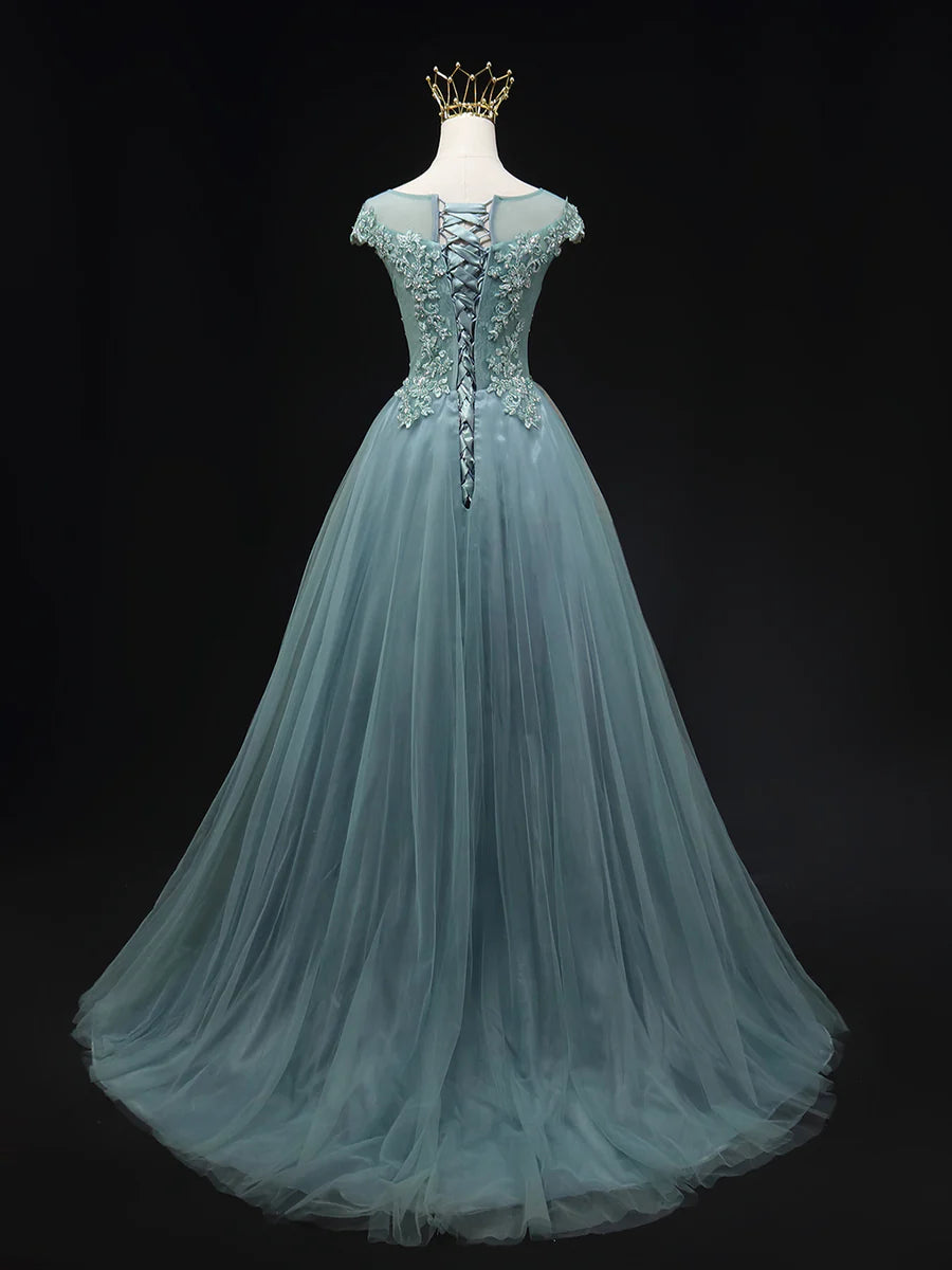 Blue Tulle Lace Scoop Neck Long Prom Dress Beautiful Lace Formal Evening Dress With Applique