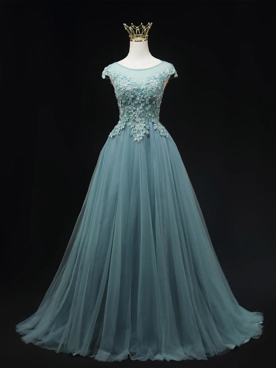 Blue Tulle Lace Scoop Neck Long Prom Dress Beautiful Lace Formal Evening Dress With Applique