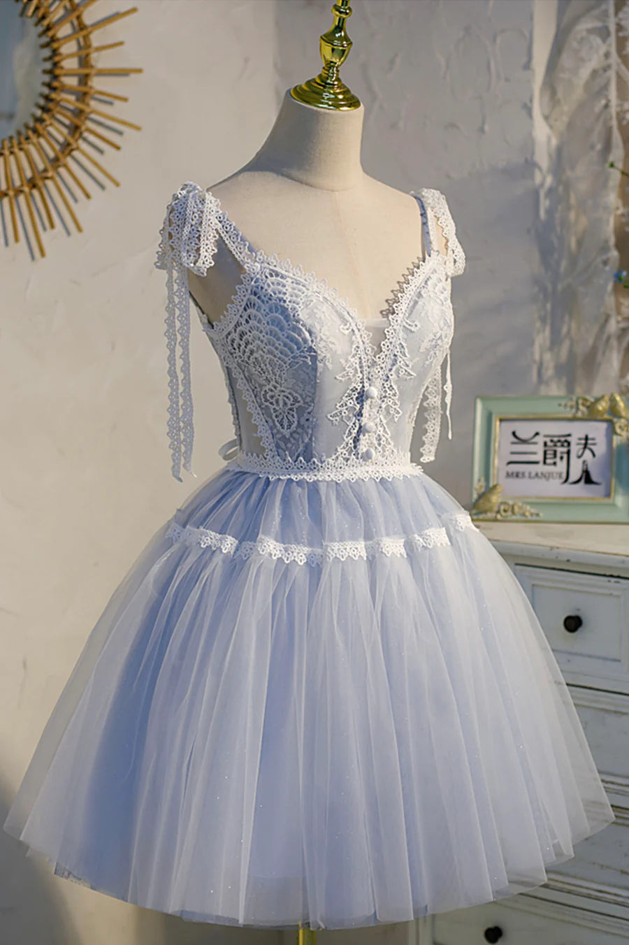 Blue Tulle Lace V Neck Spaghetti Strap A-Line Short Prom Dress Cute Homecoming Party Dress