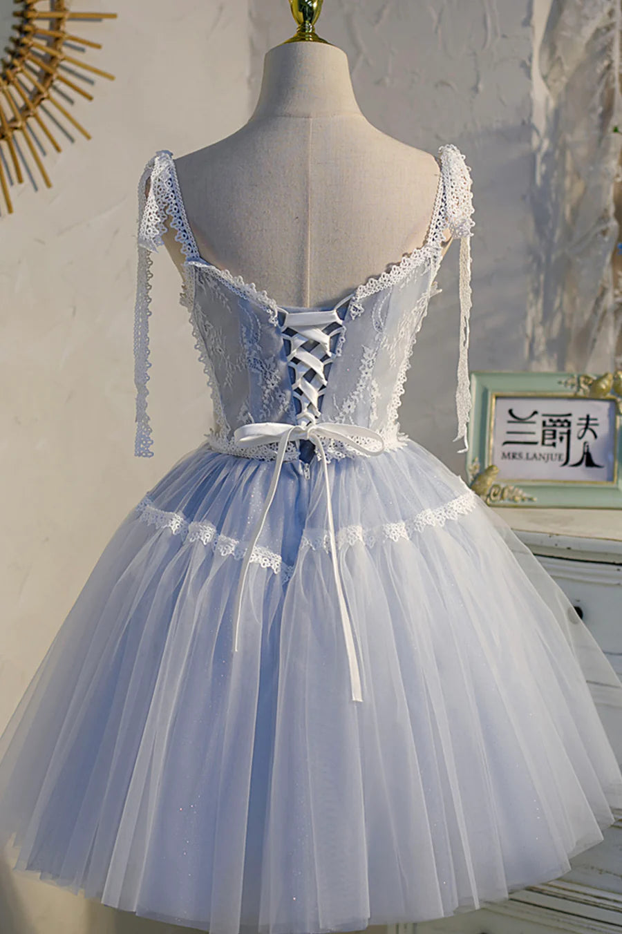 Blue Tulle Lace V Neck Spaghetti Strap A-Line Short Prom Dress Cute Homecoming Party Dress