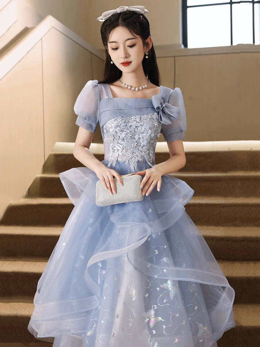 Blue Tulle Lace With Applique Knee Length Short Sleeve Party Dress Homecoming Dress