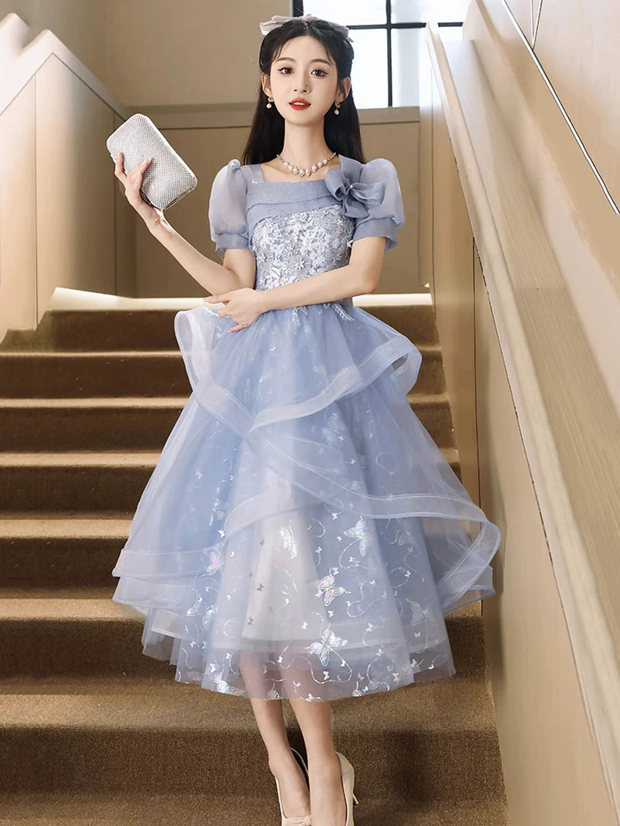 Blue Tulle Lace With Applique Knee Length Short Sleeve Party Dress Homecoming Dress