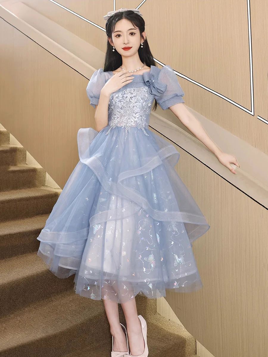 Blue Tulle Lace With Applique Knee Length Short Sleeve Party Dress Homecoming Dress