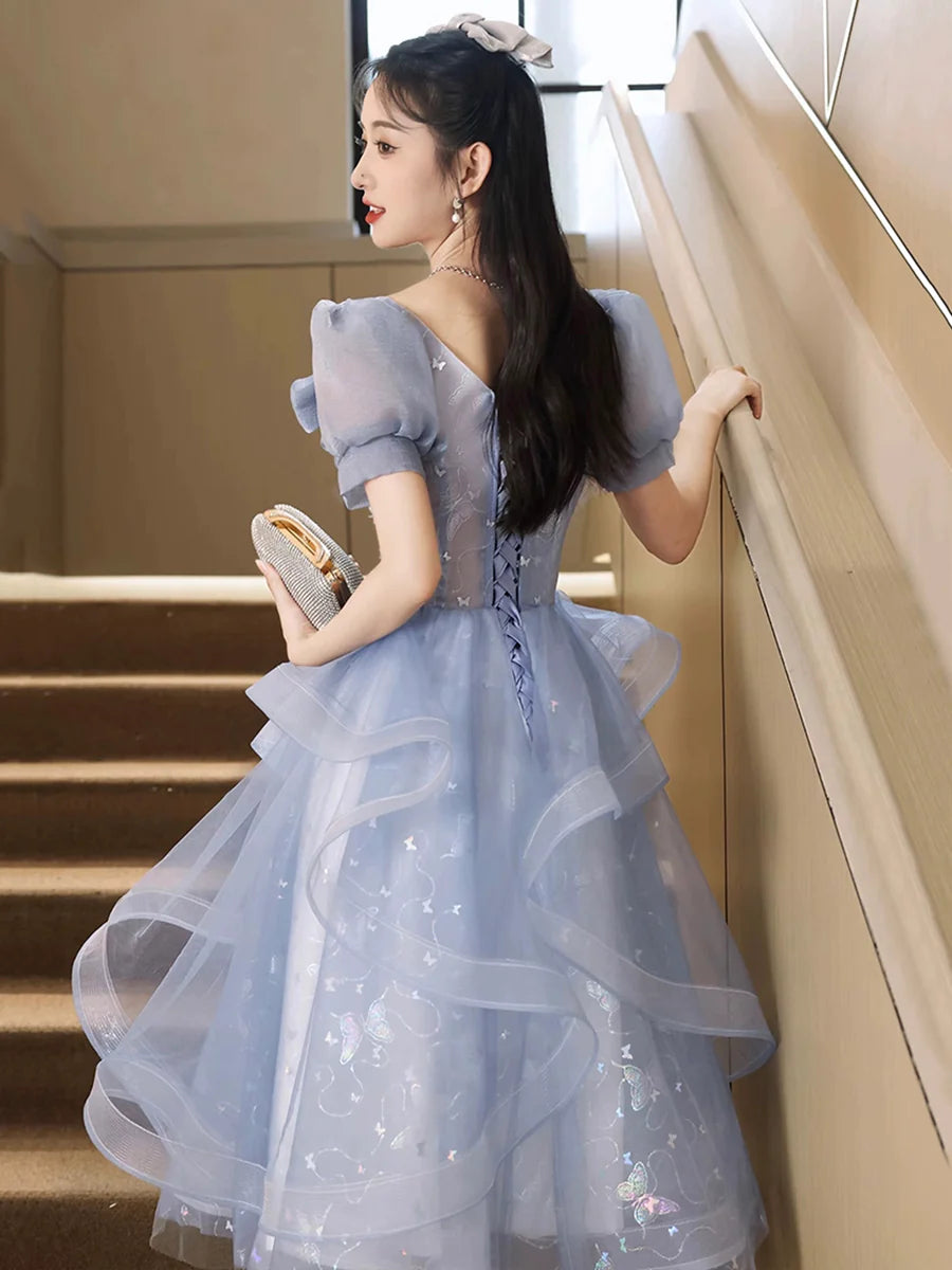 Blue Tulle Lace With Applique Knee Length Short Sleeve Party Dress Homecoming Dress
