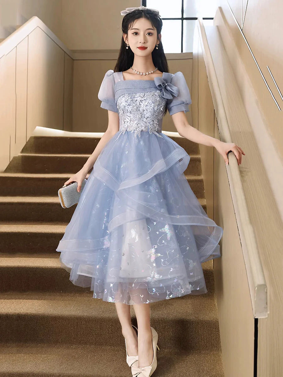 Blue Tulle Lace With Applique Knee Length Short Sleeve Party Dress Homecoming Dress