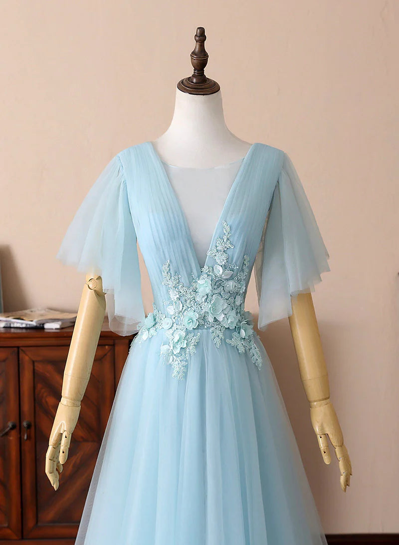 Blue Tulle Lace With Applique V-Neck Long Prom Dresses A-Line Floor Length Evening Dresses