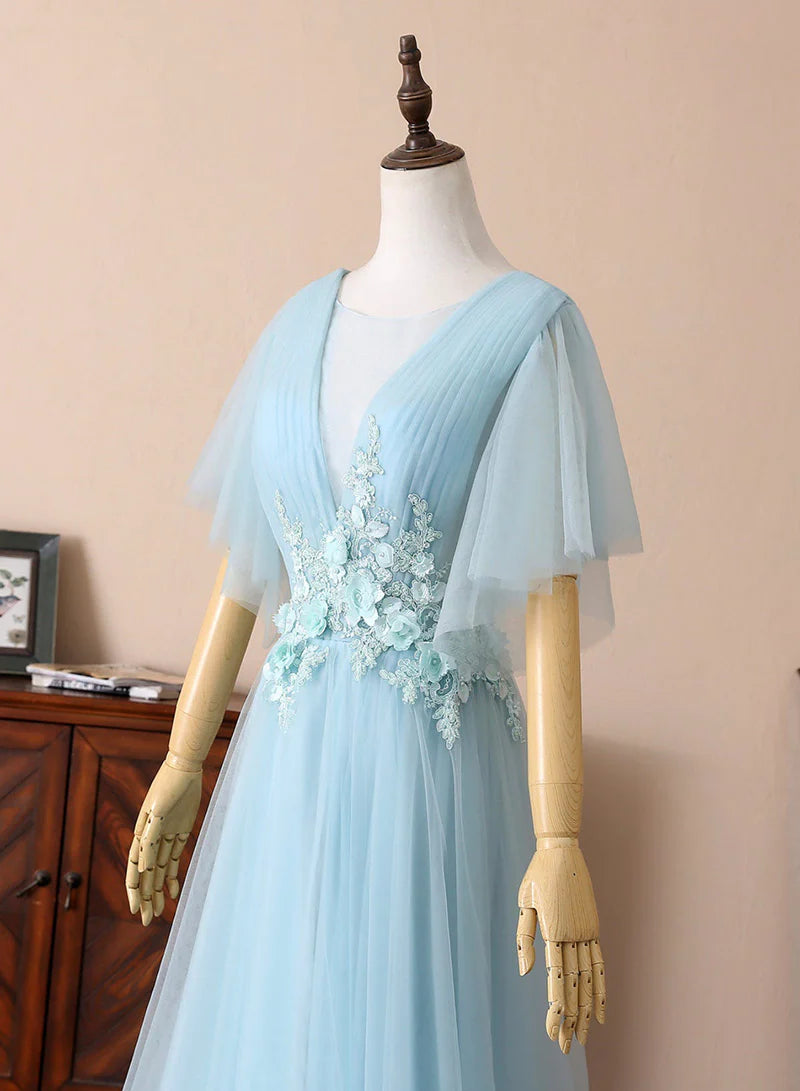 Blue Tulle Lace With Applique V-Neck Long Prom Dresses A-Line Floor Length Evening Dresses