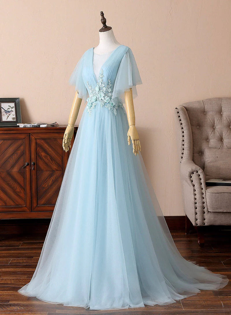 Blue Tulle Lace With Applique V-Neck Long Prom Dresses A-Line Floor Length Evening Dresses