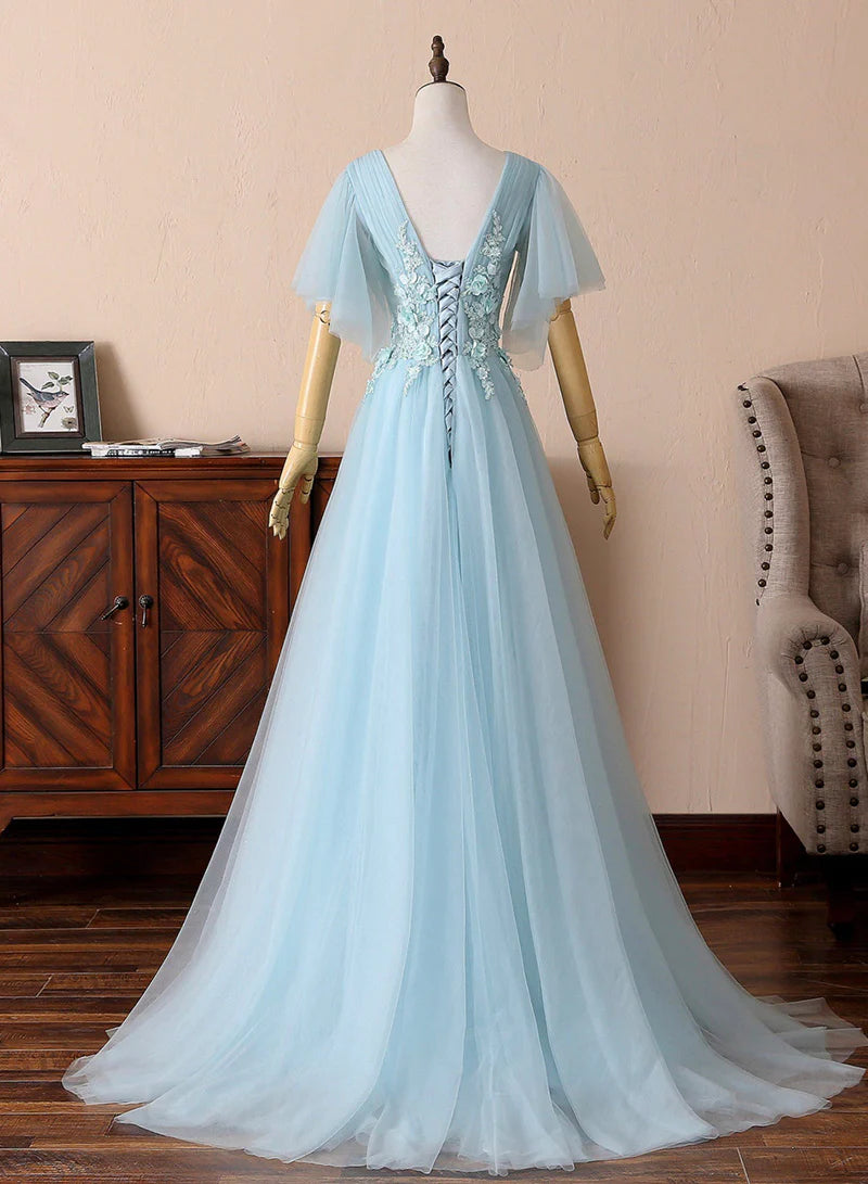 Blue Tulle Lace With Applique V-Neck Long Prom Dresses A-Line Floor Length Evening Dresses