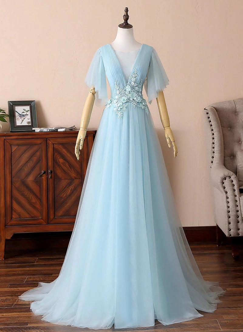 Blue Tulle Lace With Applique V-Neck Long Prom Dresses A-Line Floor Length Evening Dresses