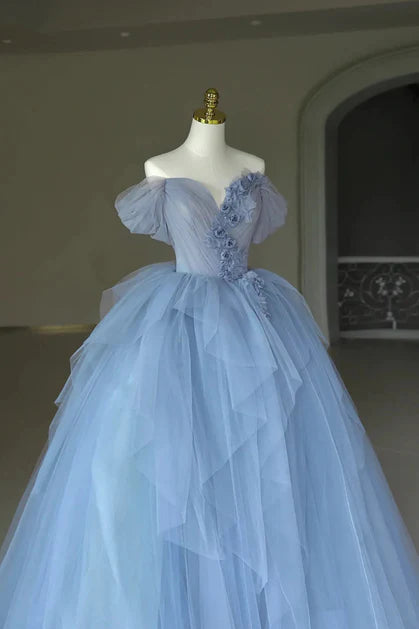 Blue Tulle Off Shoulder V Neck Flowers Party Dress Evening Dress Prom Dress