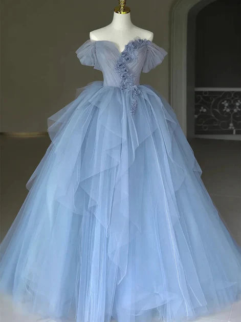 Blue Tulle Off Shoulder V Neck Flowers Party Dress Evening Dress Prom Dress
