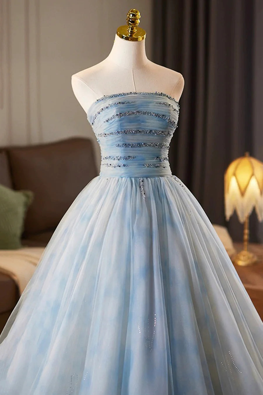 Blue Tulle Printed Pattern A-Line Long Prom Dress Evening Party Dress with Cape