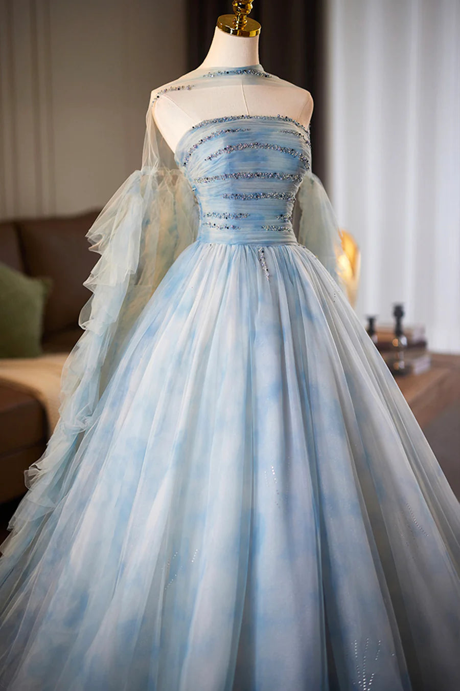 Blue Tulle Printed Pattern A-Line Long Prom Dress Evening Party Dress with Cape