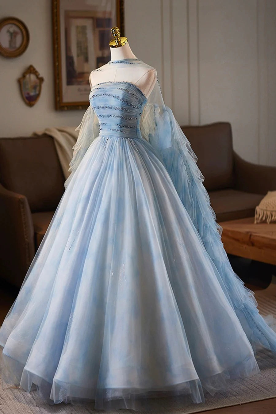 Blue Tulle Printed Pattern A-Line Long Prom Dress Evening Party Dress with Cape