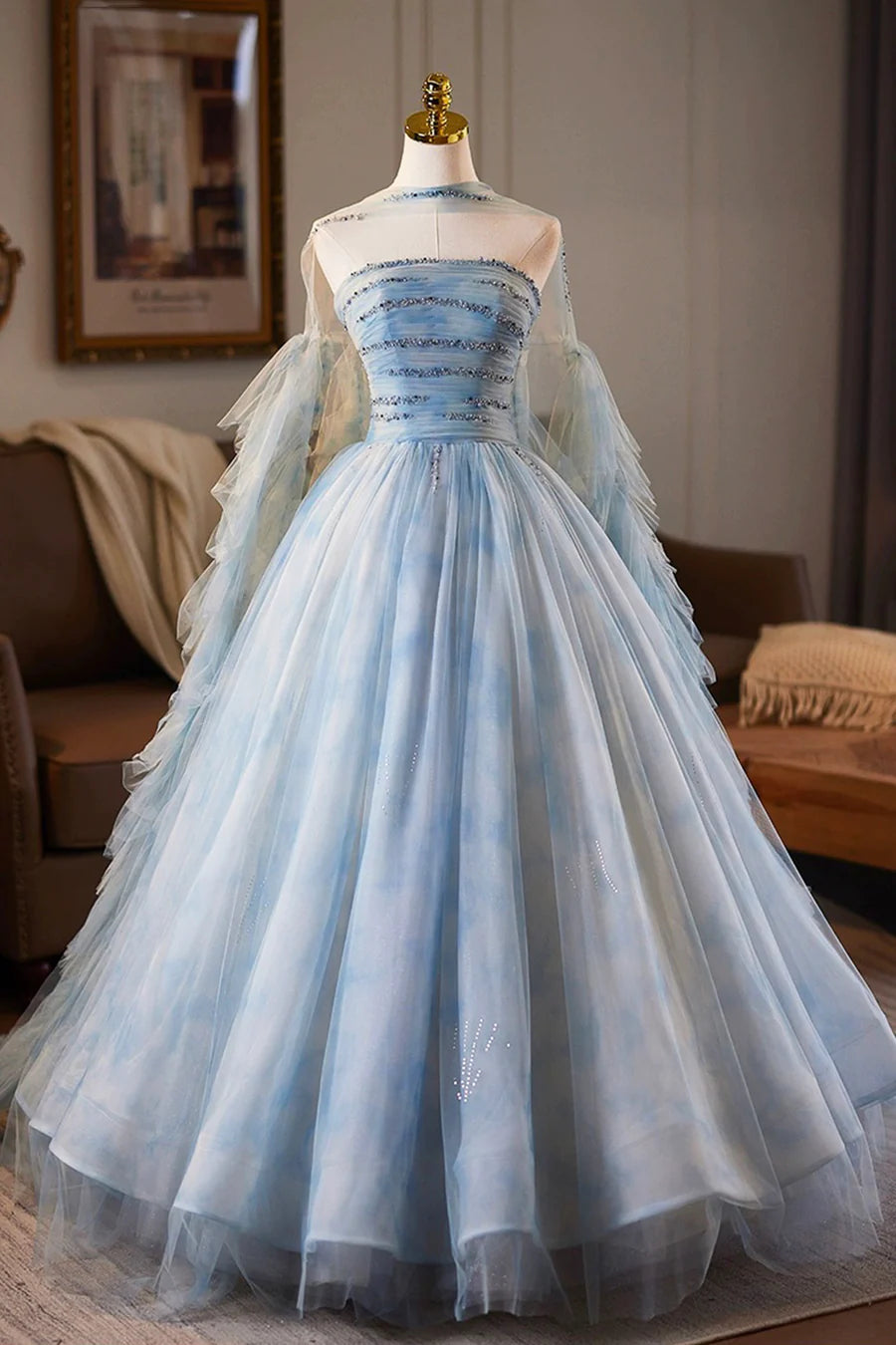 Blue Tulle Printed Pattern A-Line Long Prom Dress Evening Party Dress with Cape