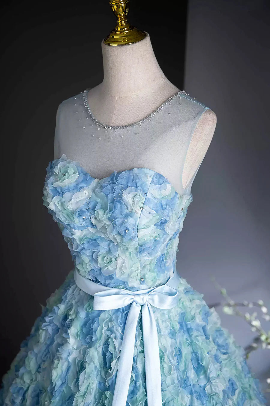 Blue Tulle Rose Flower A-Line Long Prom Dress Evening Party Dress Homecoming Dress