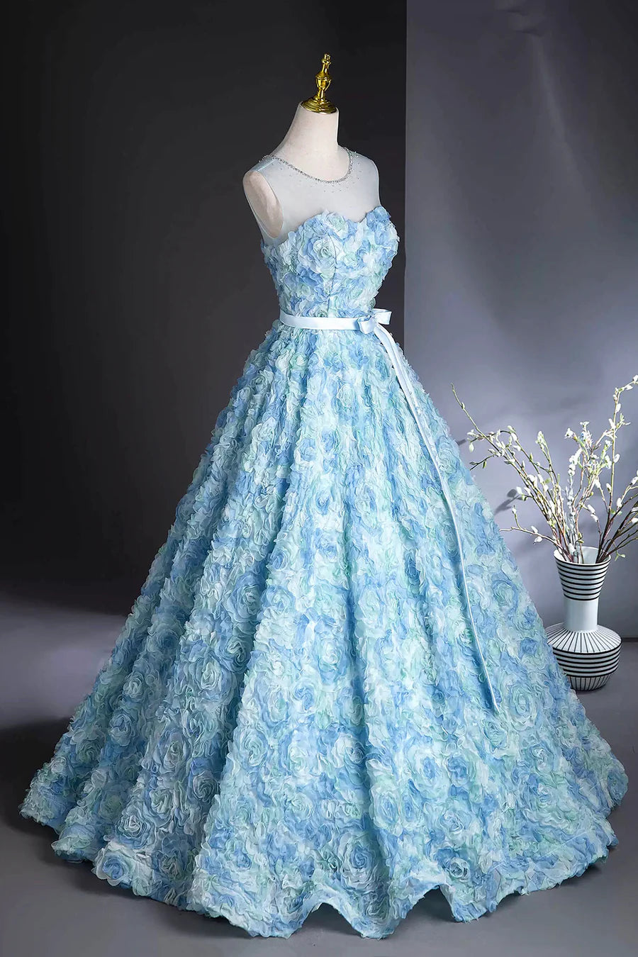 Blue Tulle Rose Flower A-Line Long Prom Dress Evening Party Dress Homecoming Dress