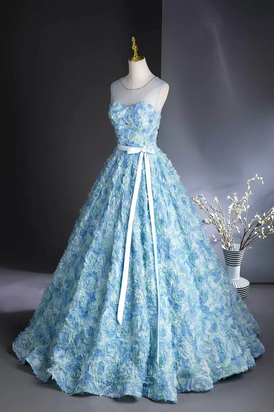 Blue Tulle Rose Flower A-Line Long Prom Dress Evening Party Dress Homecoming Dress
