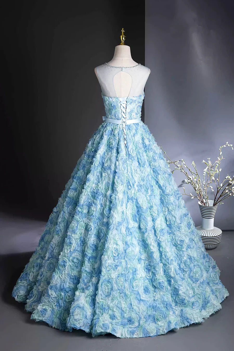 Blue Tulle Rose Flower A-Line Long Prom Dress Evening Party Dress Homecoming Dress