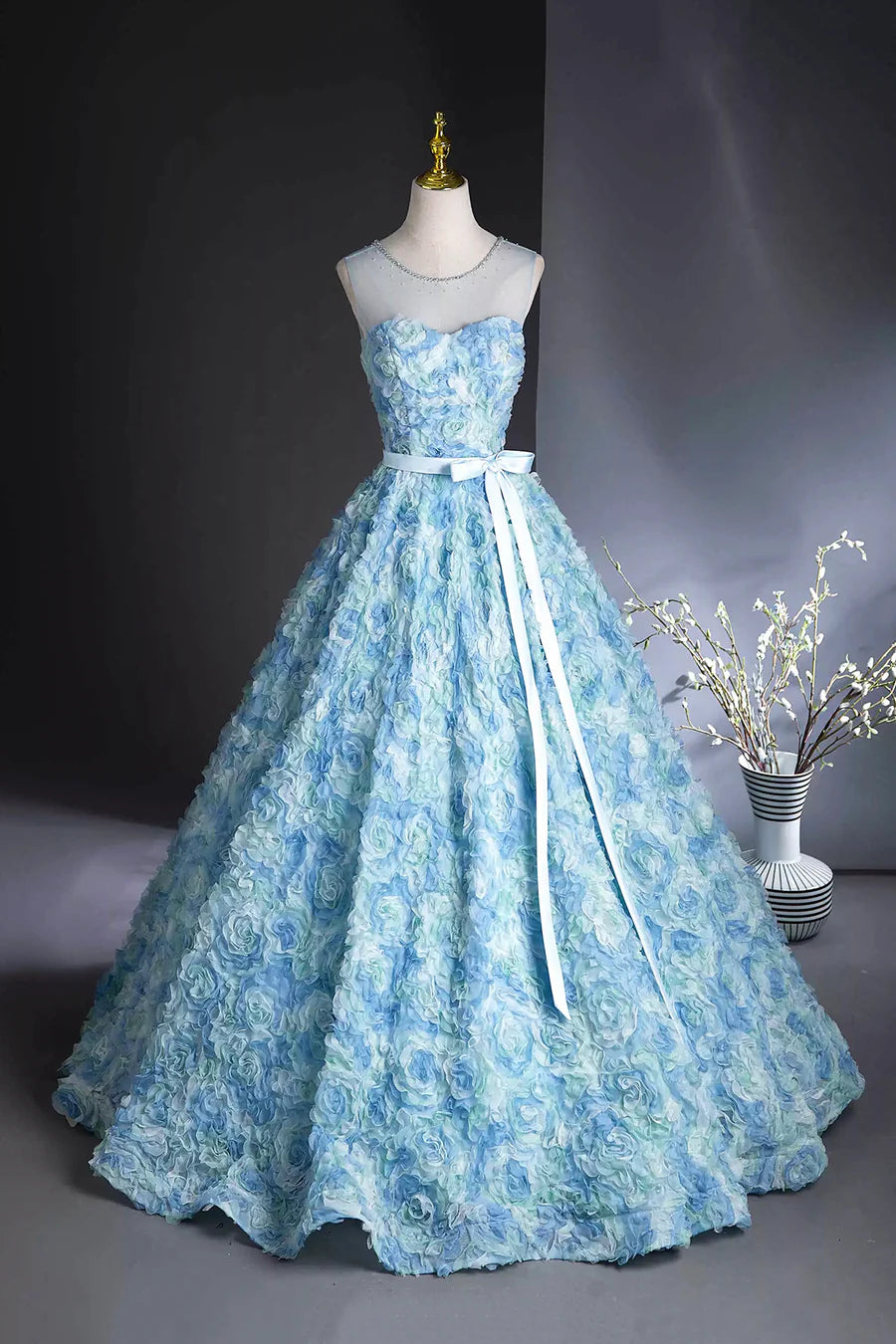 Blue Tulle Rose Flower A-Line Long Prom Dress Evening Party Dress Homecoming Dress