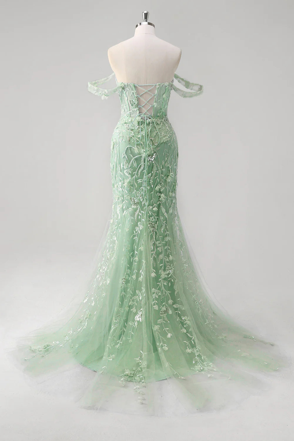 Blue Tulle Sequin Floral Sweetheart Neck Off the Shoulder Mermaid Corset Prom Dress