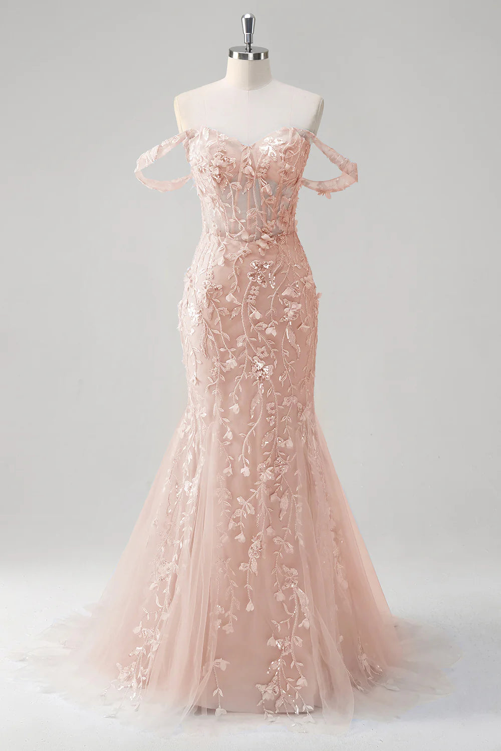 Blue Tulle Sequin Floral Sweetheart Neck Off the Shoulder Mermaid Corset Prom Dress