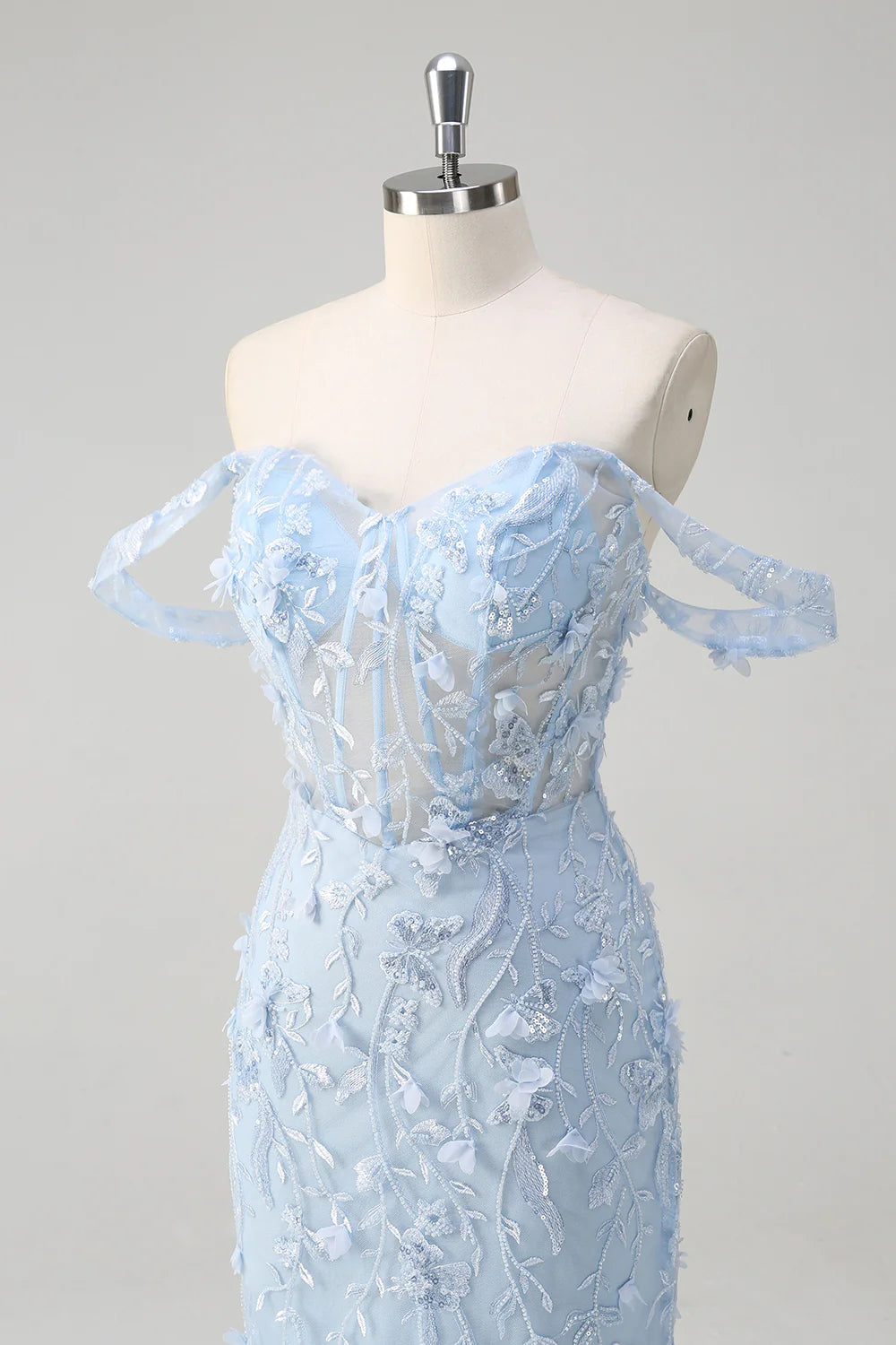 Blue Tulle Sequin Floral Sweetheart Neck Off the Shoulder Mermaid Corset Prom Dress