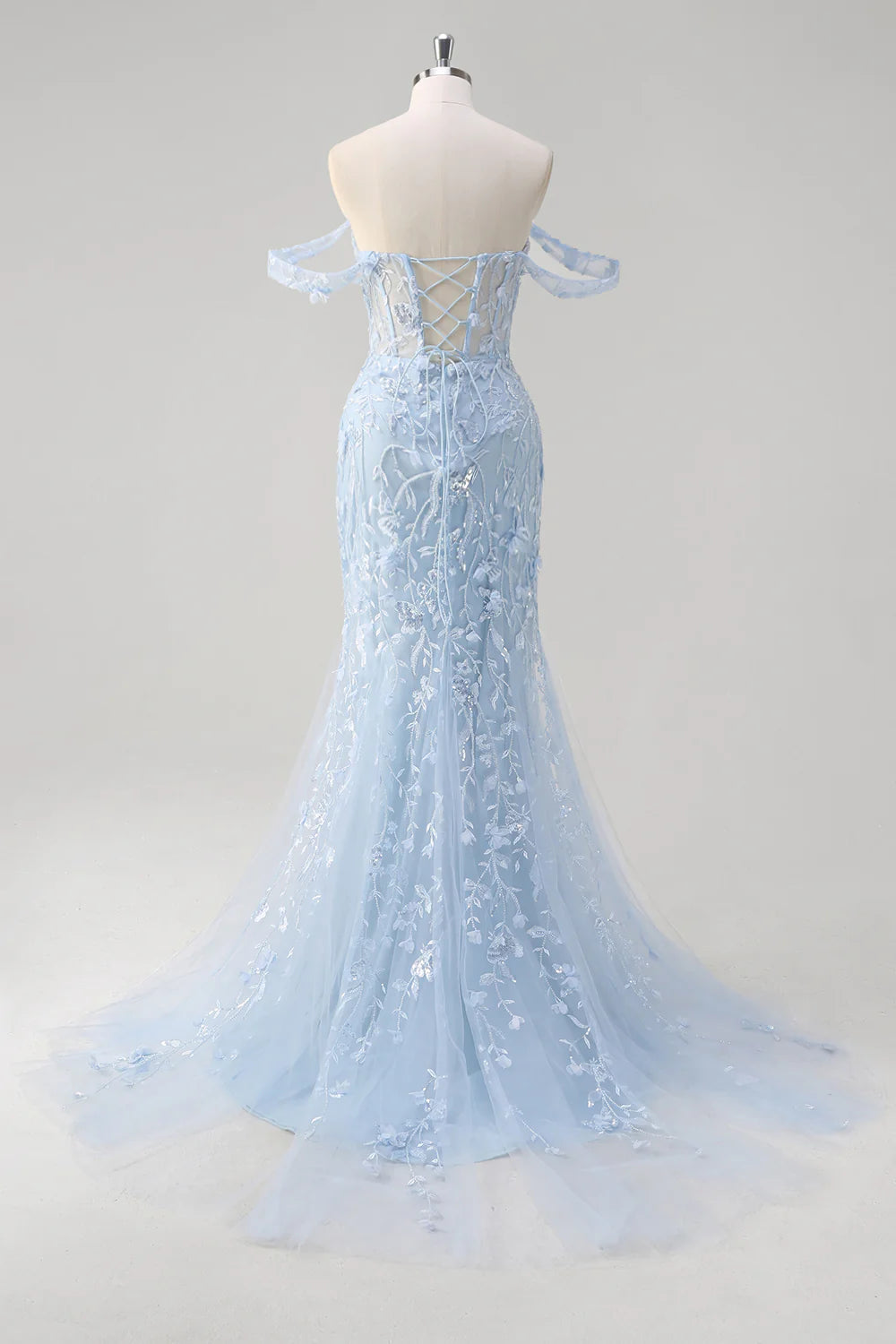 Blue Tulle Sequin Floral Sweetheart Neck Off the Shoulder Mermaid Corset Prom Dress