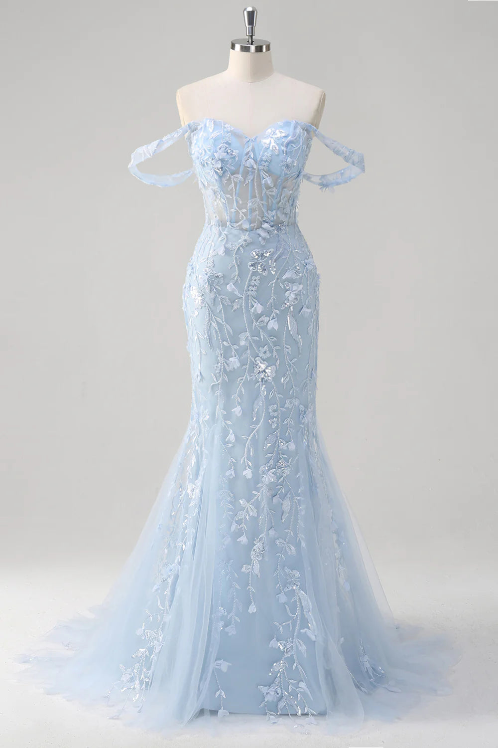 Blue Tulle Sequin Floral Sweetheart Neck Off the Shoulder Mermaid Corset Prom Dress