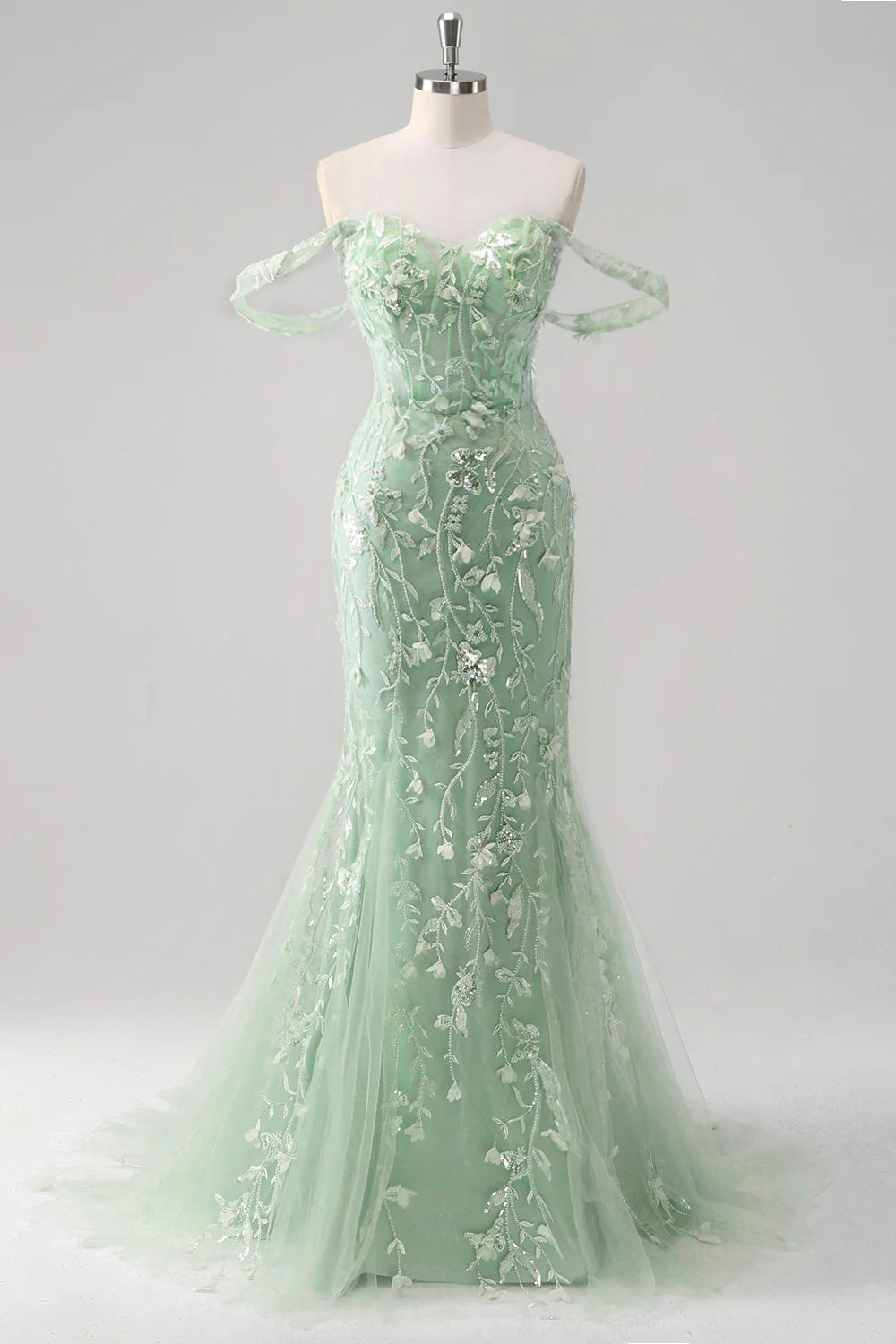 Blue Tulle Sequin Floral Sweetheart Neck Off the Shoulder Mermaid Corset Prom Dress