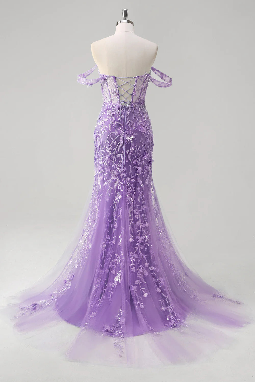 Blue Tulle Sequin Floral Sweetheart Neck Off the Shoulder Mermaid Corset Prom Dress