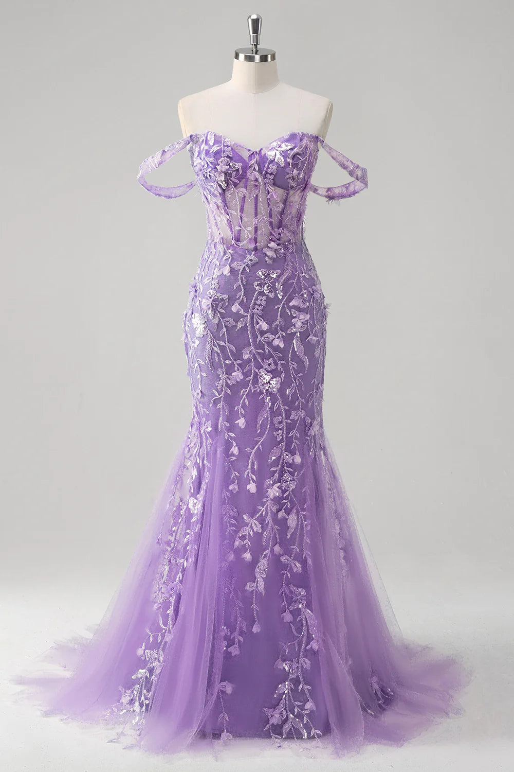 Blue Tulle Sequin Floral Sweetheart Neck Off the Shoulder Mermaid Corset Prom Dress