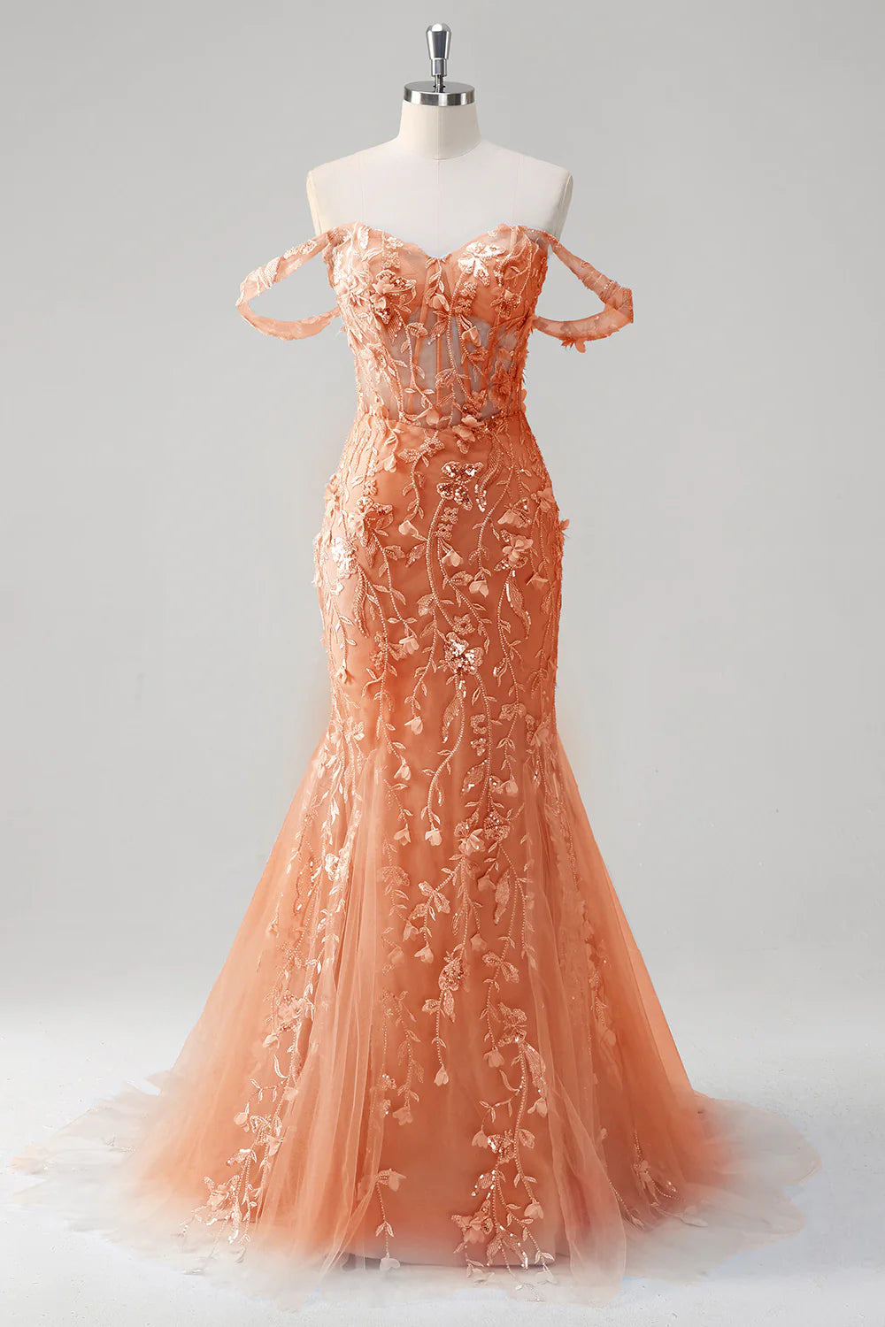 Blue Tulle Sequin Floral Sweetheart Neck Off the Shoulder Mermaid Corset Prom Dress