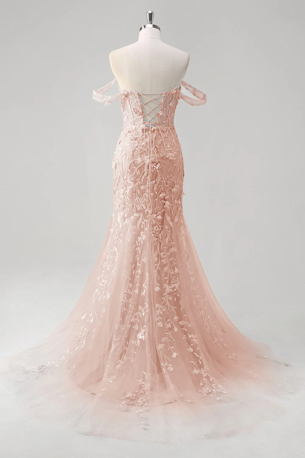 Blue Tulle Sequin Floral Sweetheart Neck Off the Shoulder Mermaid Corset Prom Dress