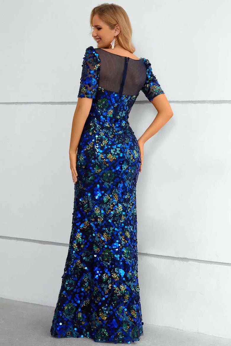 Blue Tulle Sequin Short Sleeve Mermaid Floor Length Evening Dress