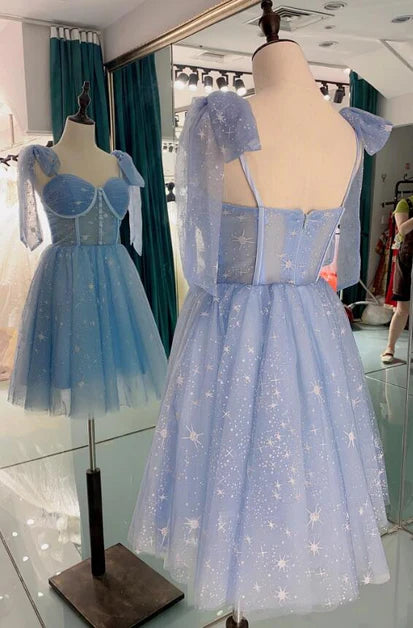 Blue Tulle Short button decoration Homecoming Dress Prom Dresses Evening Dresses