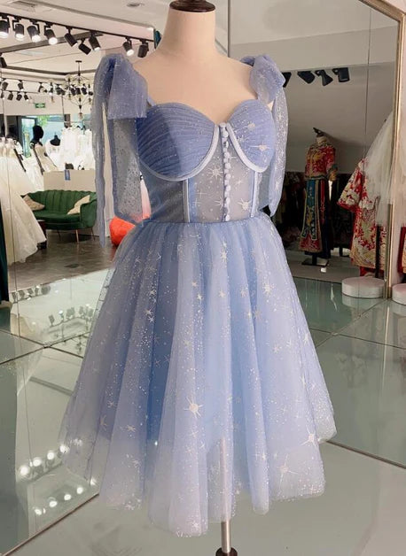 Blue Tulle Short button decoration Homecoming Dress Prom Dresses Evening Dresses